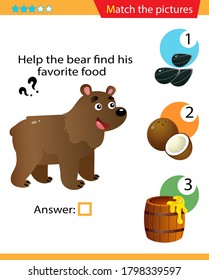 Matching game, education game for children. Puzzle for kids. Match the right object. Help the bear find his favorite food.