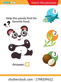 Matching game, education game for children. Puzzle for kids. Match the right object. Help the panda find his favorite food.