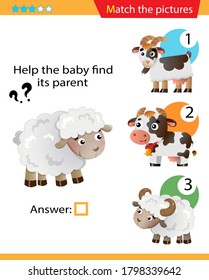 Matching game, education game for children. Puzzle for kids. Match the right object. Help the little sheep find its parent.