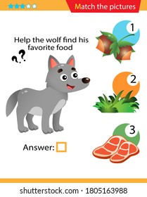 Matching game, education game for children. Puzzle for kids. Match the right object. Help the wolf find his favorite food.
