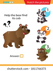 Matching game, education game for children. Puzzle for kids. Match the right object. Help the bear find his cub.