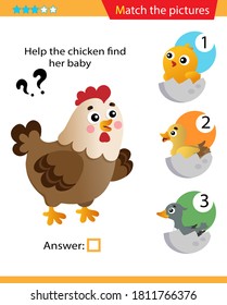 Matching game, education game for children. Puzzle for kids. Match the right object. Help the hen find its chick.