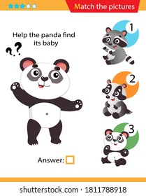 Matching game, education game for children. Puzzle for kids. Match the right object. Help the panda find his cub.