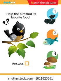 Matching game, education game for children. Puzzle for kids. Match the right object. Help the bird find its favorite food.