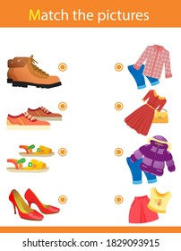 Matching game, education game for children. Puzzle for kids. Match the right object. Make a kit. Clothing and shoes. Sports sneakers, children's boots, women's pair of shoes, sandals.