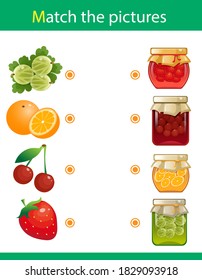 Matching game, education game for children. Puzzle for kids. Match the right object. Fruits, berries and jam from them. Gooseberry, orange, cherry, strawberry.