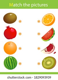 Matching game, education game for children. Puzzle for kids. Match the right object. Fruits, berries and their halves or slices. Kiwi, garnet, orange, watermelon.