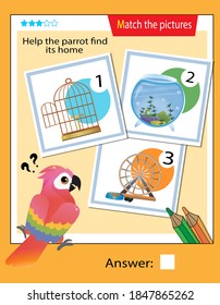 Matching game, education game for children. Puzzle for kids. Match the right object. Help the parrot find its home.