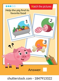 Matching game, education game for children. Puzzle for kids. Match the right object. Help the pig find its favorite food.