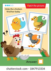 Matching game, education game for children. Puzzle for kids. Match the right object. Help the hen find its chick.
