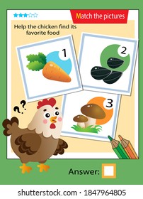 Matching game, education game for children. Puzzle for kids. Match the right object. Help the hen find its favorite food.