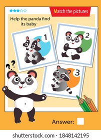 Matching game, education game for children. Puzzle for kids. Match the right object. Help the panda find his cub.