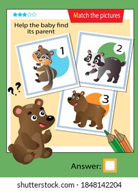 Matching game, education game for children. Puzzle for kids. Match the right object. Help the little bear find its parent.
