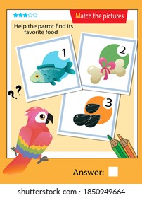 Matching game, education game for children. Puzzle for kids. Match the right object. Help the parrot find its favorite food.