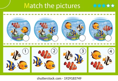 Matching game, education game for children. Puzzle for kids. Match by elements. Aquarium fishes. Clownfish, guppy, angelfish. Worksheet for preschoolers.