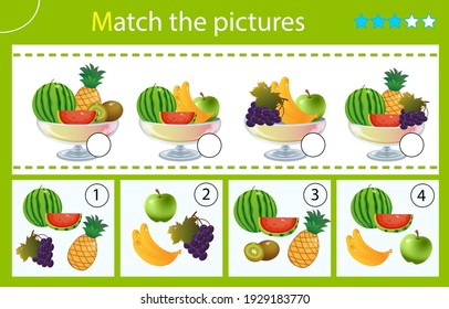 Matching game, education game for children. Puzzle for kids. Match by elements. Vases with fruits and berries. Grape, apple, kiwi, watermelon, banana, pineapple. Worksheet for preschoolers