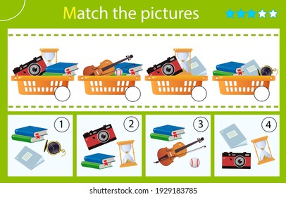 Matching game, education game for children. Puzzle for kids. Match by elements. Baskets with hobby items. Worksheet for preschoolers.