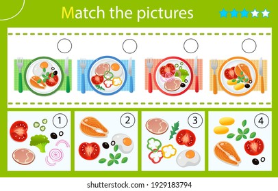 Matching game, education game for children. Puzzle for kids. Match by elements. Portions lunch or dinner. Food and meals. Dishes and crockery. Worksheet for preschoolers.