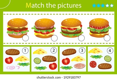 Matching game, education game for children. Puzzle for kids. Match by elements. Hamburgers or cheeseburgers with tomatoes, salami, cutlet, beef, salad and cheese. Worksheet for preschoolers.