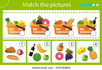 Matching game, education game for children. Puzzle for kids. Match by elements. Grocery baskets or food baskets with goods. Shop and purchases. Worksheet for preschoolers.