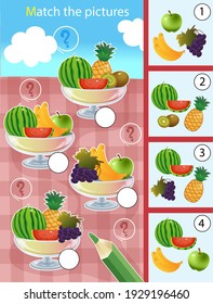 Matching game, education game for children. Puzzle for kids. Match by elements. Vases with fruits and berries. Grape, apple, kiwi, watermelon, banana, pineapple. Worksheet for preschoolers