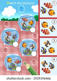 Matching game, education game for children. Puzzle for kids. Match by elements. Aquarium fishes. Clownfish, guppy, angelfish. Worksheet for preschoolers.