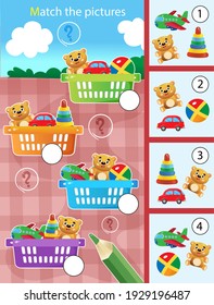 Matching game, education game for children. Puzzle for kids. Match by elements. Baskets with toys. Worksheet for preschoolers.