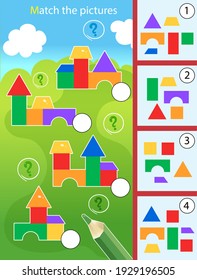 Matching game, education game for children. Puzzle for kids. Match by elements. Toy pyramids. Worksheet for preschoolers.
