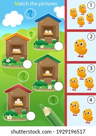 Matching game, education game for children. Puzzle for kids. Which house are the chickens from? Eggs and chicks. Worksheet for preschoolers.