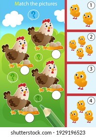 Matching game, education game for children. Puzzle for kids. Whose chickens? Hens, eggs and chicks. Worksheet for preschoolers.