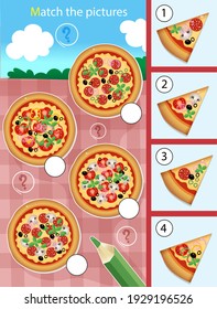 Matching game, education game for children. Puzzle for kids. Match by elements. Pizza. Worksheet for preschoolers.