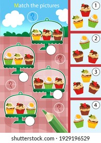 Matching game, education game for children. Puzzle for kids. Match by elements. Holiday cupcakes or muffins. Pastry and bakery. Worksheet for preschoolers.