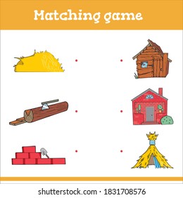 Juego de correspondencia Juegos de educación con tres cerdos pequeños. Hoja de trabajo de preescolar o jardín de infancia. Ilustración del vector