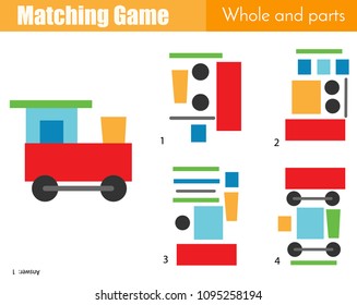 Matching game. Educational children activity with toy train. Learning whole and parts type for pre shool years kids and toddlers