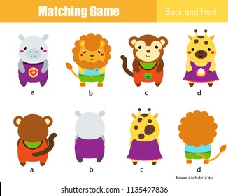 Matching game. Educational children activity with cute animals. Learning back and front