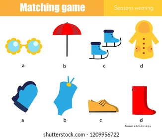 Matching game. Educational children activity. Learning weather and seasonal wearing