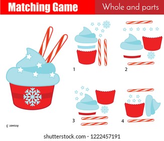 Matching game. Educational children activity with Christmas cupcake. New year theme learning whole and parts type for pre shool years kids and toddlers