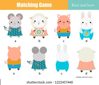 Matching game. Educational children activity with cute animals. Learning back and front