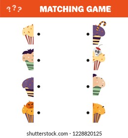 Matching game. Educational children activity with Halloween cupcakes - Cartoon Illustration of Preschool Education Activity with Matching Halves Game
