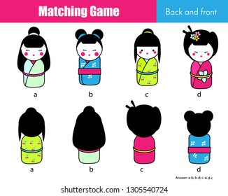 Matching game. Educational children activity with japanese dolls. Learning back and front