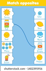 Matching Game. Educational Children Activity. Match Opposites. Learning Activity For Pre Scholl Years Kids And Toddlers