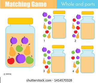 Matching game. Educational children activity with fruits. Learning whole and parts type for pre shool years kids and toddlers