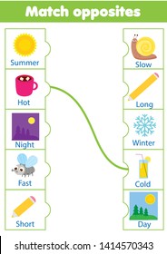 Matching game. Educational children activity. match opposites. Learning activity for pre scholl years kids and toddlers