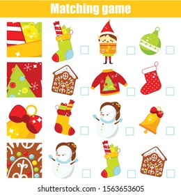 Matching game. Educational children activity New Year, Christmas, winter holidays theme. Match pattern with objects