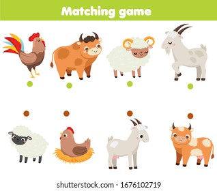 Matching game. Educational children activity. match male and female farm animals. Activity for pre scholl years kids and toddlers