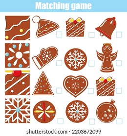 Matching game. Educational children activity New Year, Christmas, winter holidays theme. Match pattern with gingerbread cookies