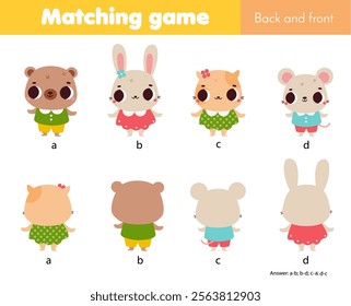 Matching game. Educational children activity. Learning back and frontof cute animals for toddlers and kids.