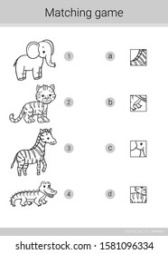 Matching game. Educational children game. Coloring book. Tiger, elephant, zebra, crocodile.