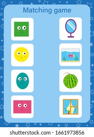 Matching Game. Erziehungsspiel für Kinder. Einführung in geometrische Formen Quadrat, Kreis, Oval, Rechteck.