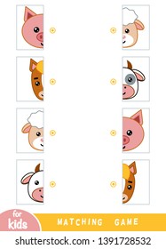 Matching game, educational game for children. Match the halves. Set of farm animals - Cow, Sheep, Horse, Pig